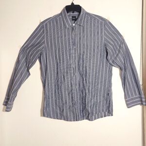 BOSS Hugo Boss Men's Long-Sleeved Slim Fit Grey-Blue Striped Dress Shirt EUC